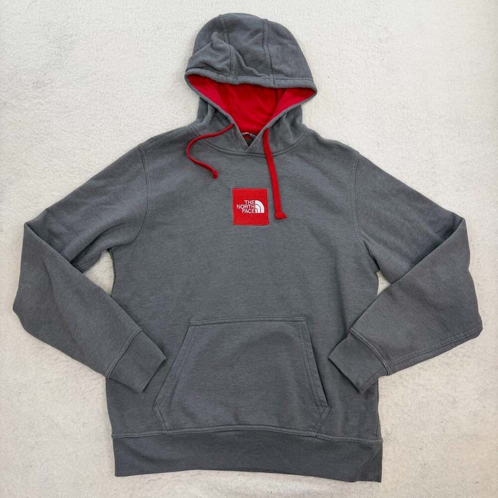 The North Face Men's Gray Pullover Hoodie Red Box Logo Patch Size Medium